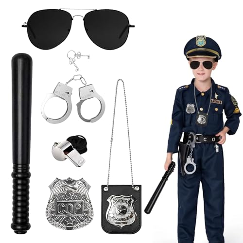 Jocanova Disfraz de policía para niños, 6 accesorios para disfraz de policía, esposas de policía, gafas de sol, insignias, silbato, bastón y brazaletes, fiesta de Halloween, juego de rol cosplay