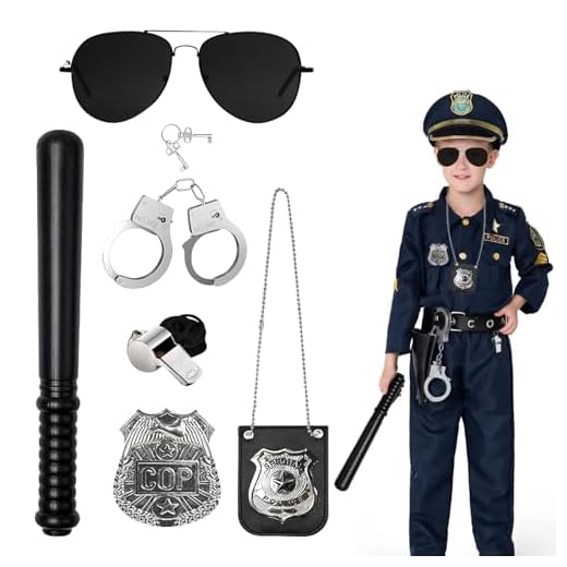 Jocanova Disfraz de policía para niños, 6 accesorios para disfraz de policía, esposas de policía, gafas de sol, insignias, silbato, bastón y brazaletes, fiesta de Halloween, juego de rol cosplay