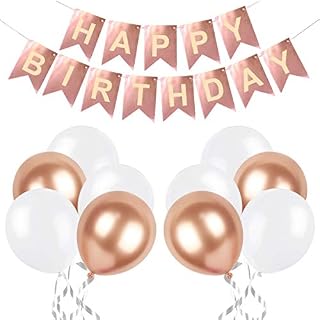 Yiran Happy Birthday Banner Birthday Bunting with 4+6 Rose Gold and White Latex Balloons Perfect for Birthday Party Decorations