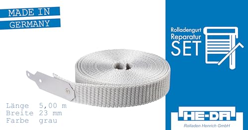HE-DA Rolladen Reparatur Set MAXI 23 mm, Gurt-Repartur Set, 5 Meter lang, mit Edelstahlstreifen und Gewebeklebestreifen, Reparatur ohne öffnen des Rolladenkastens (grau)