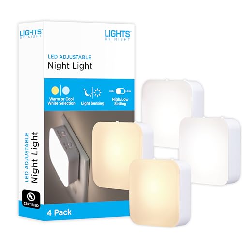 Lights by Night Dimmable LED Night Light, Plug-in, Dusk to Dawn Sensor, Adjustable, Compact, 4 Settings, Ambient Lighting, for Kids or Adults, Bedroom, Bathroom, Nursery, Hallway, 4 Pack, 82180