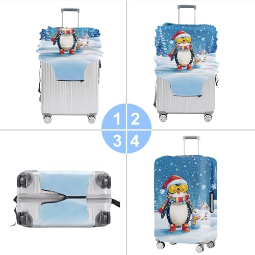 Image of Christmas Penguin Luggage Cover - Cute Winter Penguin Suitcase Protector, Holiday Travel Luggage Sleeve, Stretchable & Waterproof,S