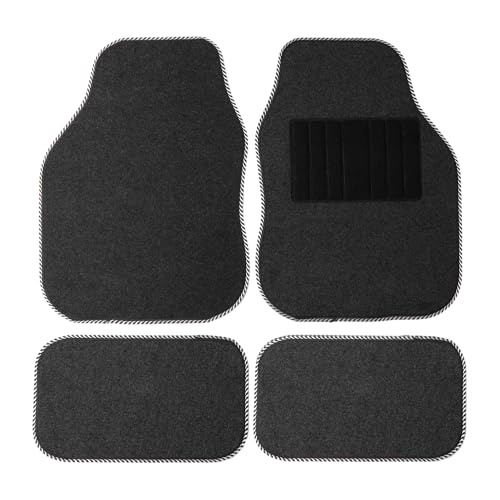 Sakura Car Mat Set of 4 Heavy Duty Hard Wearing Carpet Water Repellent Flexible Grey with Silver Trim Universal Fit Front Rear Heelpad Non-Slip Backing RHD