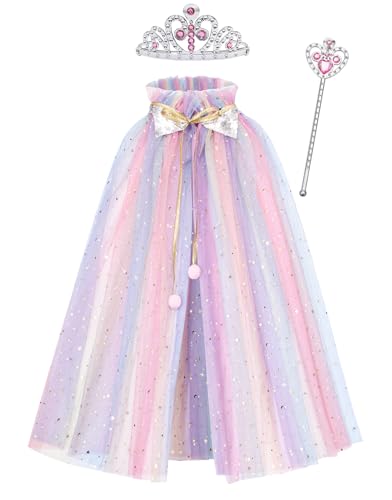 NebulaGlam Capa con Corona para Hija, Disfraces de Tul con Lentejuelas, Capa Princesa para Niños con Corona, Varita, para Halloween Navidad Carnaval Cosplay Cumpleaños Fiesta Regalo (Vistoso)