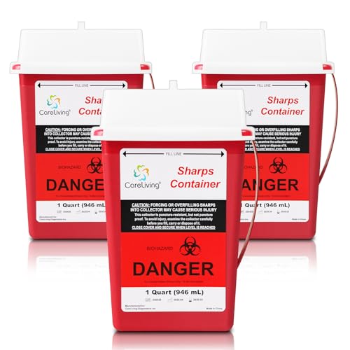 CareLiving Sharps Container, Sharps Containers for Home Use, 1 Quart (3-Pack), Needle Disposal Containers, Sharps Disposal Container, Small Portable Container for Travel
