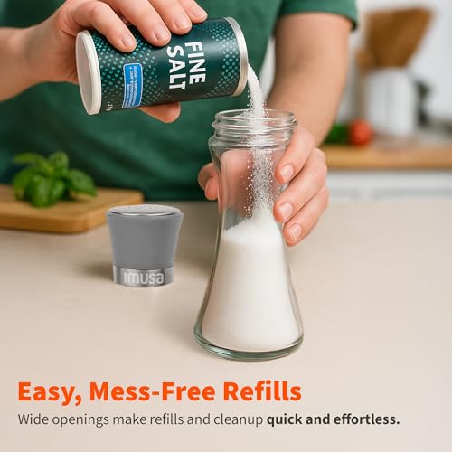 Image of IMUSA Salt Shaker and Pepper Grinder Set, 2-Pack, Manual | Adjustable ceramic core for fine-to-coarse grinding, ergonomic grip, glass base resists stains, 6oz means fewer refills