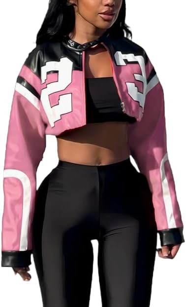 VOIKERDR Leather Jacket Cropped Jacket Motorcycle Jacket Y2K Letter Bomber Jacket Women Faux Leather Jacket Streetwear