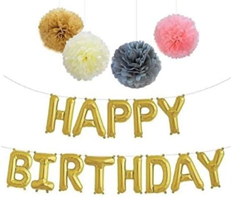 Letras de globos dorados de feliz cumpleaños, pancarta y pompones de papel de seda, decoraciones reutilizables para fiestas de calidad de helio