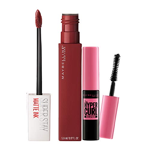 Image of Maybelline New York Super Stay Matte Ink Liquid Lipstick, Voyager + Hypercurl Mini Mascara | Liquid Lipstick | Volumizing Mascara.