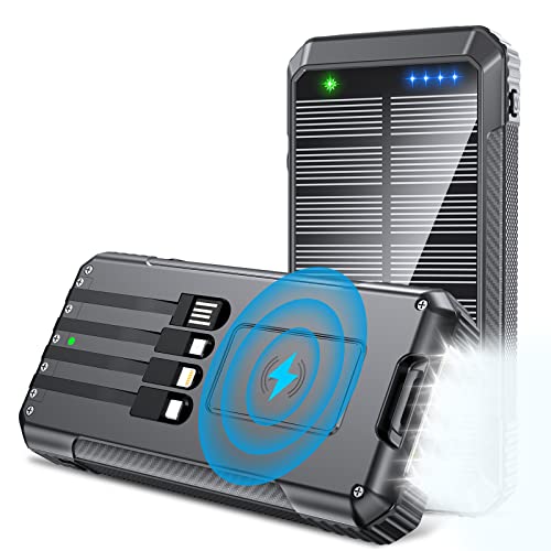 Power-Bank-Solar-Charger-Wireless Charger, 33800mAh Portable Charger 20W Fast Charging External Battery for All Mobile Devices,Three Inputs Solar Portable Charger with Dual Flashlights (Black)