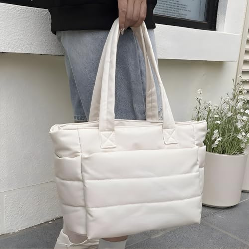 Image of Quilted Puffy Tote Bag for Women | Large Capacity | Soft Nylon Padded Design | Lightweight & Spacious | Ideal for Work, Travel, Shopping (Biege)