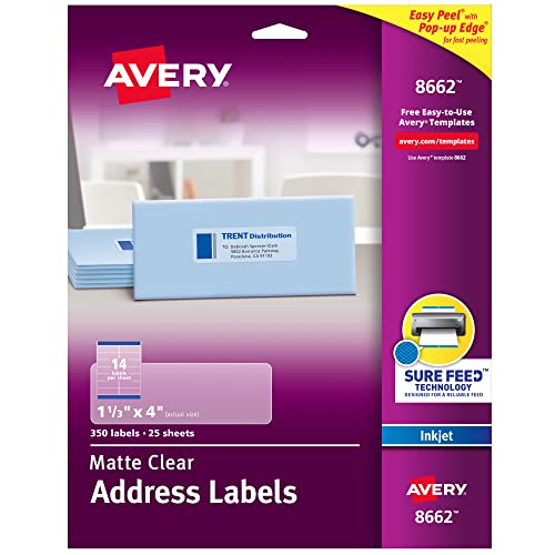 Avery Printable Address Labels with Sure Feed, Matte Clear, 1-1/3' x 4', 350 Mailing Labels (08662)