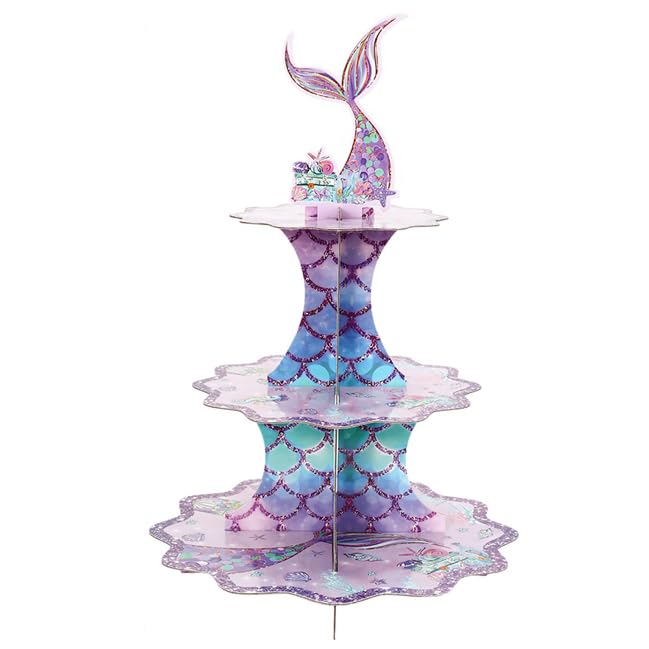 LeDuo 3 Tier Mermaid Cupcake Stand Party Decorations Mermaid Theme Cupcake Holder Mermaid Baby Shower Cake Holder Birthday Dessert Stand for Mermaid Ocean Under The Sea Party Supplies