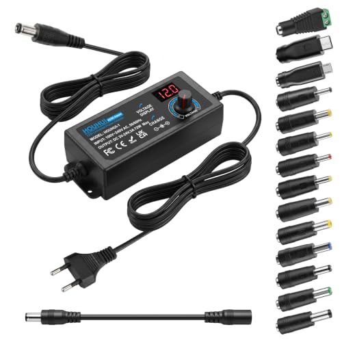 Alimentatore Universale, 3-24V Caricabatterie Universale, 3A, 72W Adattatore di Alimentazione Regolabile 100 V-240 V AC a DC con Indicatore di Tensione LED e 5,5 x 2,5 mm, 14 Consigli per Elettronica