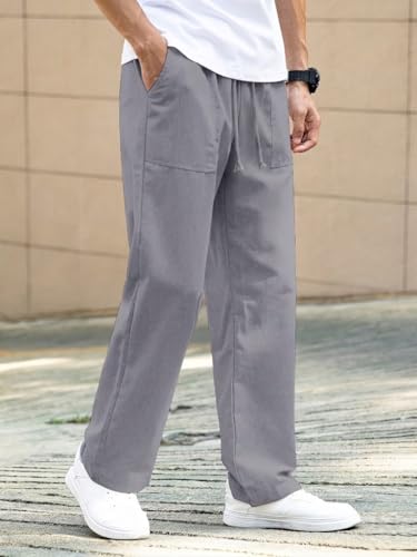 Image of Linen Pant for man | Loose Fit Trouser for Men | Elastic Waist with Drawstring | Perfect for Casual Wear | Lightweight Breathable Fabric | Straight Fit & Side Pocket
