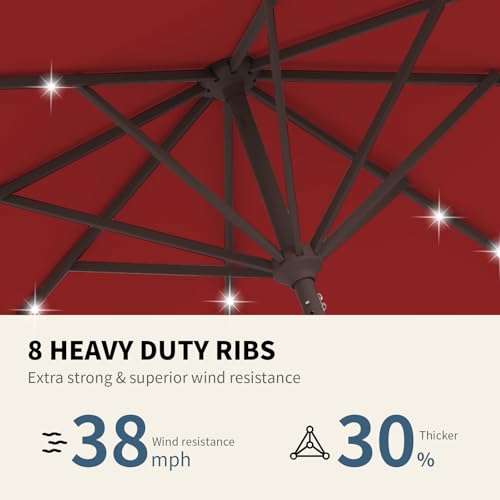 Image of 9FT Patio Umbrella with Solar Lights,Outdoor Market Umbrella with Tilt and Crank, LED Lighted Table Umbrella for Garden,Deck,Backyard,Pool,Beach (Red)