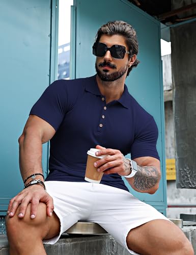 URRU Men's Muscle T Shirts Stretch Short Sleeve Workout Tee Casual Slim Fit Polo Shirt4