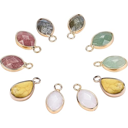 nbeads 10 Stück Natürliche Edelstein Anhänger, 5 Materialien Stein Charms Facettierte Teardrop-Stein-Anhänger Mit Goldener Messing-Open-Back-Lünette Für Die Schmuckherstellung, Bohrung: 2 mm