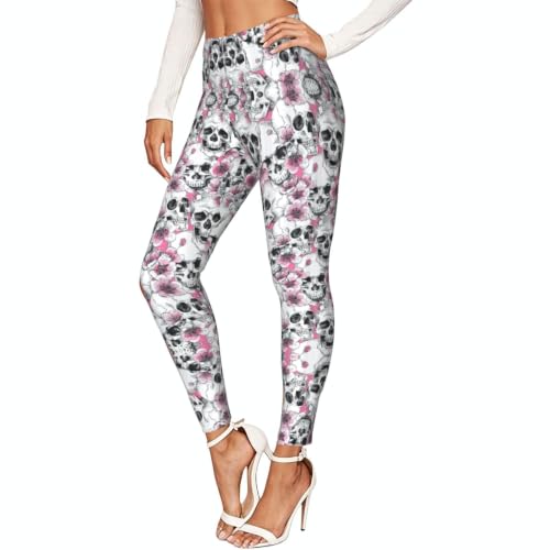 Leggings con estampado de calavera floral de textura suave premium y acabados de alta costura