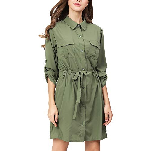 Kuty Mujeres Casual Vestido, Vestido De Otoño, Vestido con Boton, Ultra Mujer Vestidocon Elástico en la Cintura,Cinturón Suelto Sundress (XL)
