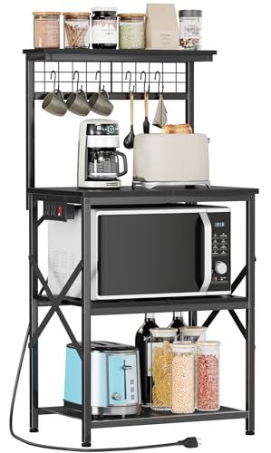 Image of Furologee Kitchen Bakers Rack with Power Outlet, Microwave Oven Stand with Storage 4 Tiers, Coffee Bar Table with 6 S Hooks, Kitchen Storage Shelf Rack for Spices, Pots,Black