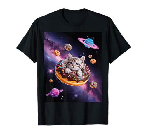 Funny Cat in Donut Floating Through Space Galaxy Tee T-Shirt
