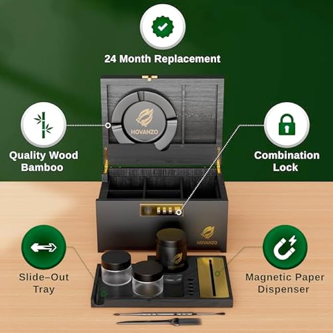 Upgraded Premium Large Bamboo Box - Locking Storage Decorative Box with Combination Lock - Wood Kit with lid - Wooden Locking Storage with Removable Tray and Jars