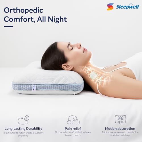 Image of Sleepwell ImpressFit Adaptive Memory Foam Pillow | White & Blue | 100% Pure Memory Foam | Optimal Head & Neck Support | Medium Soft Pillow | Multi-Position Sleepers | 24 x16 inches| Pack of 1