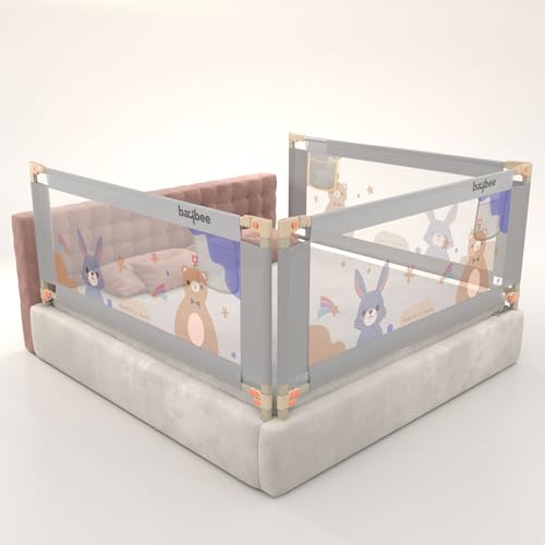 Image of BAYBEE Bed Rail Guard for Baby Safety | Bed Side Protector for Baby with 28 Level Height Adjustable & Portable Bed Railing for Babies Safety Guard for Kids (6.5FtX5FtX6.5Ft, 3 Sides, Light Grey)