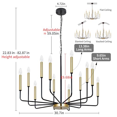 Black and Gold Chandelier for Dining Room, 12-Light Farmhouse Dining Room Light Fixture, Candle Chandelier Light Fixtures, Modern Chandeliers for Living Room Kitchen Foyer Staircase
