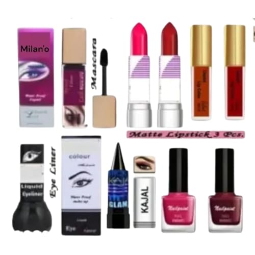 Milan'o di beauty Women's All Makeup Products Combo Set Eyeshadow Compact Foundation Liner Mascara 2 pcs lipstick 2 pcs liquid lipstick 2 pcs nailpolish Kajal Brush