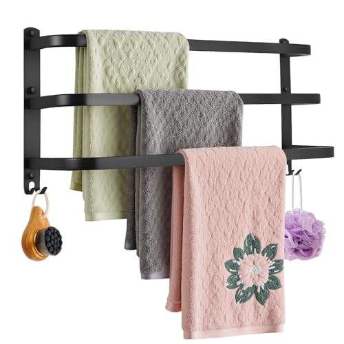 Sampoes Toallero sin taladrar, toallero de aluminio, 3 pisos, barra de toalla con ganchos, resistente al agua, toallero de pared para baño y cocina