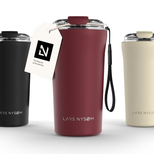 Image of LARS NYSOM Thermo Coffee Mug to go with Strap 17oz | Travel Mug 0.5 Liter with Insulation | Leak Proof Stainless Steel Thermal Tumbler for Coffee and Tea to Go (Berry Red, 17oz)