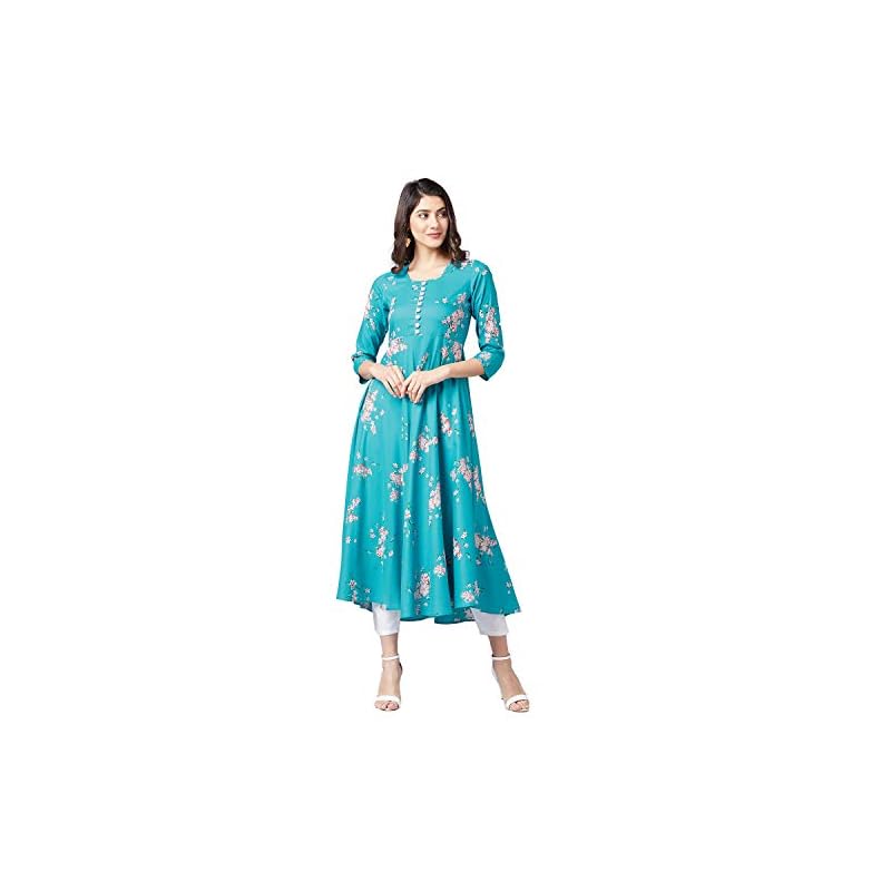 Tissu Women's Rayon Turquoise Printed A-Line Kurta (1937_Blue_M)