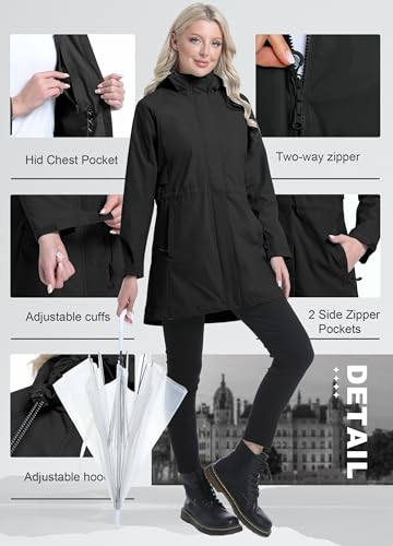 ATLASLAVA Regenmantel Damen Regenjacke wasserdicht Lang mit Kapuze Gefütterte Mantel Windbreaker Leicht Outdoor Jacke Schwarz XL