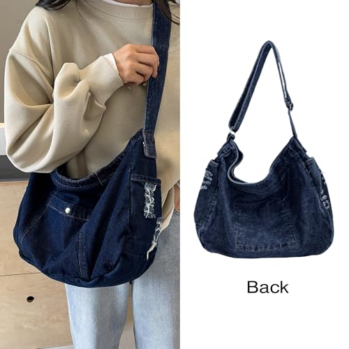 Image of Denim Shoulder Bag for Women,Canvas Tote Messenger Bag with Zipper,Large Casual Crossbody Hobo Handbag Denim Purse
