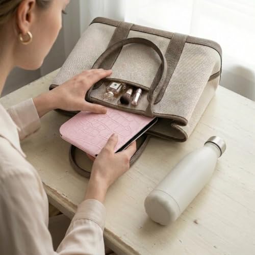 Image of Portable Folding Makeup Mirror with PU Leather Cover, Adjustable Stand HD Vanity Mirror for Travel, Bedroom, Dressing Table Compact Frameless Cosmetic Mirror for Girls & Women 16 x 11 cm(Pink)