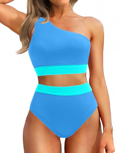 Image of Holipick Women One Shoulder High Waisted Bikini Sets Two Piece Swimsuit Tummy Control Bathing Suit Full Coverage Swimwear