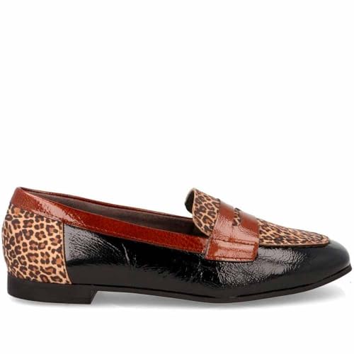 PITILLOS - Mocasín de Punta Fina,Mercedita,Piel,tacón bajo,Sencillo,manoletina,Animal Print,Leopardo,Charol para: Mujer Color: Negro Talla:35