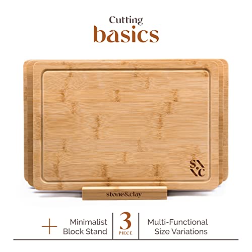 Stone & Clay Bamboo Wood Cutting Boards - Set Of 3 (Small, Medium, And Large) Chopping Boards With Stand - Perfect For Cheese, Vegetables, Fruit, And Meats - Includes Juice Groove For Easy Cleanup #TOP1