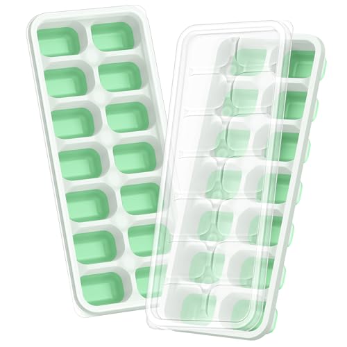 ChefAide Ice Cube Tray with Lid, 2 Packs 28 Cubes Durable Stackable Ice Cube Trays for Freezer with Removable Lids, Easy-Release Plastic & Silicone Ice Tray for Cocktail, Coffee
