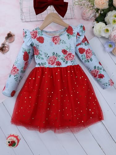 Image of Girl Fall Long Sleeve Dress Christmas Red Rainbow Twirly Skater Midi Party Dress