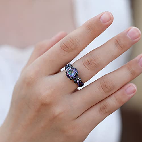 Gothic Black Rings for Women, Mystic Rainbow Topaz with Created Amethyst Flower Goth Black Gold Wedding Engagement Ring Size 6 to 114