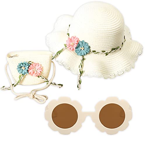 Amycute Sombrero de Paja Trenzado Niñas, Anti UV Gorra Sol ala Ancha, con Bolso Trenzado y Gafas de Sol, Sombrero de Visera Flores, para Verano Viaje Beach Piscina al Aire Libre (Blanco)