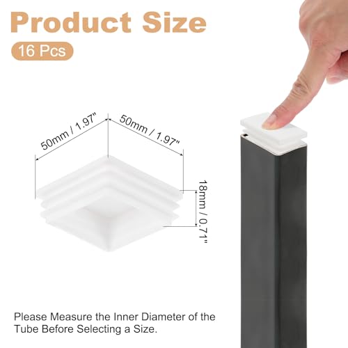Image of PATIKIL Square Plastic Plug, 16 Pcs 2 Inch /50mm Tubing Insert End Caps Plastic Plug Cap for Square Tubes Chair Legs Furniture Metal Tubing Hardware Plugs Fences, White
