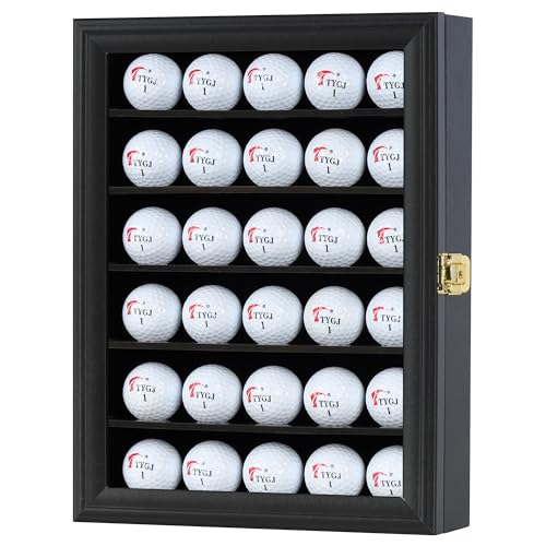 Displaygifts Golf Ball Display Case For 30 Golf Balls, Display Cabinet Great Golfer Memorabilia Gift For Golf Enthusiasts, Wall Mount With Lockable Door Black
