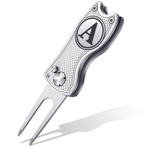 Sonwyoung Golf Divot Repair Tool with Letter Custom Monogrammed Initial Ball Marker Divot Tool New Year Golf Gifts Foldable Metal with Magnetic Putt Alignment for Men Father Golfer(Silver,Letter A)