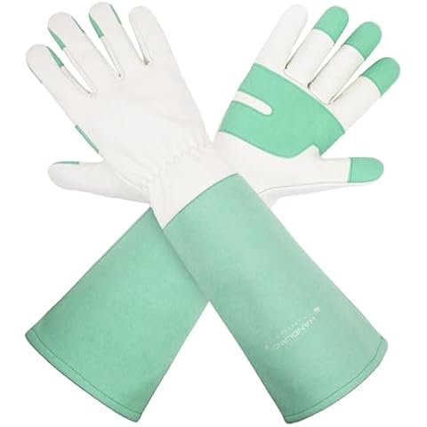 HLDD HANDLANDY Gardening Gloves for Women & Men, Leather Long Sleeve Rose Pruning Gloves, Thorn Proof Garden Work Gauntlet Animal Handling Gloves (Medium, Green) Cover