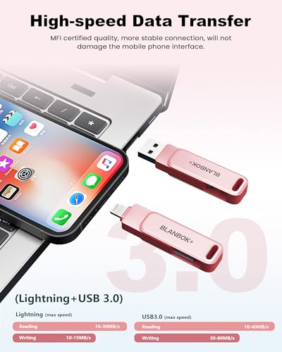Image of MFi Certified 256GB Flash Drive for iPhone Photo Stick, USB Memory Stick iPhone Flash Drive for Photos Videos, High Speed External Storage USB Stick Thumb Drive for iPhone /iPad /Android /PC(Rose Pink)