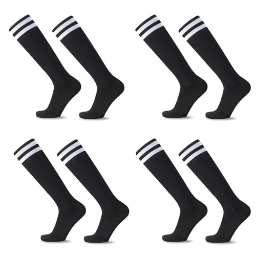 HAGOT 4 pares de Calcetines de Fútbol para Niños, Calcetines Futbol Niño Niñas, Elásticos Entrenamiento Transpirables para Fútbol, Baloncesto, Rugby, Correr, 5-12 Años, Negro